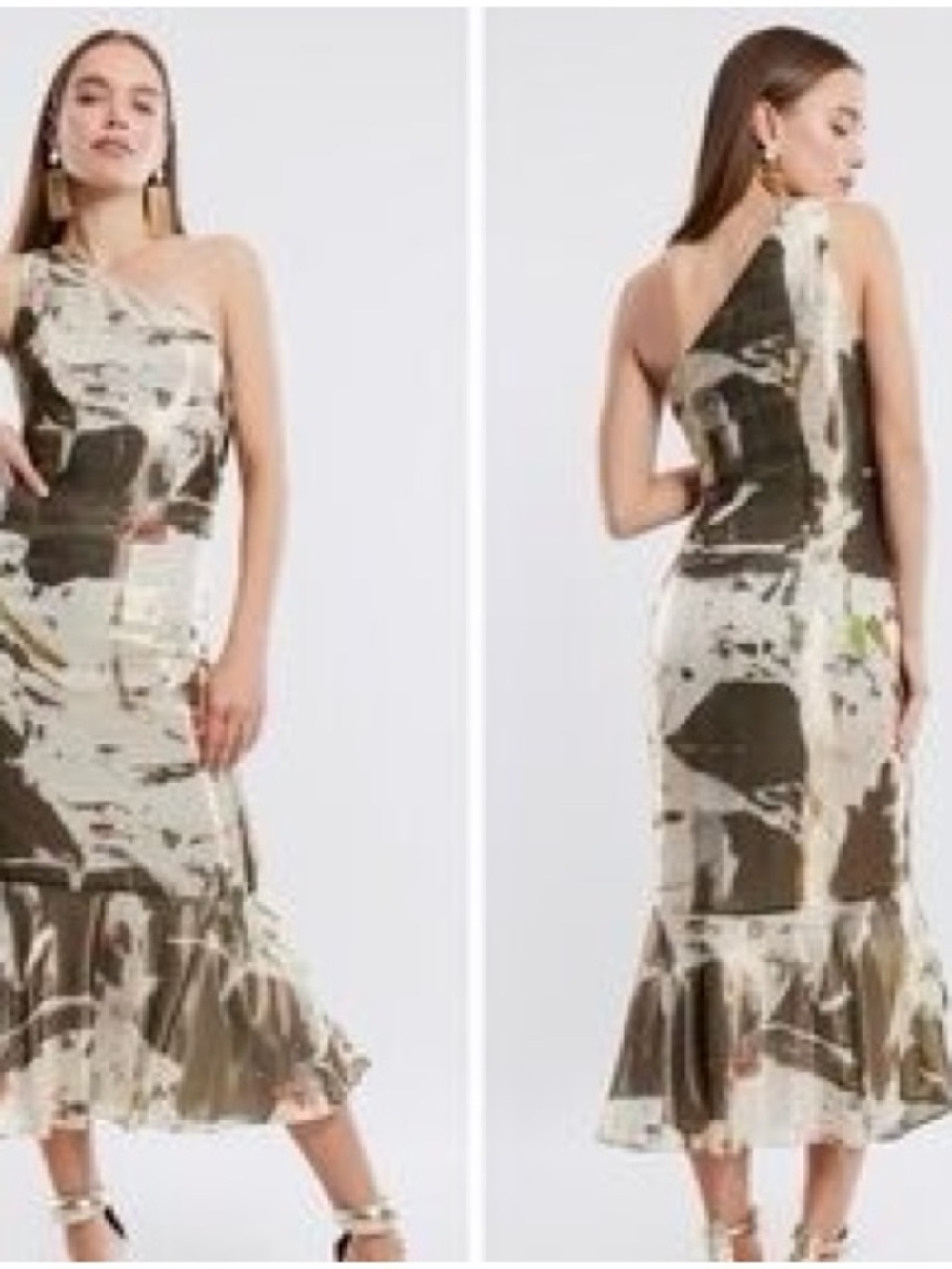 BCBGMaxAzria Olive & Cream One-Shoulder Printed Midi Dress